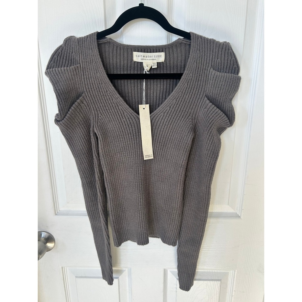 Saltwater Luxe Charm Sweater Small Willow Gray Ribbed V-Neck NWT